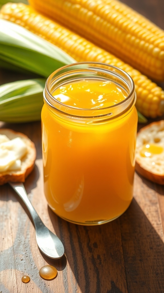 A jar of sweet corn jelly with a spoon, surrounded by fresh corn cobs and a slice of buttered bread.
